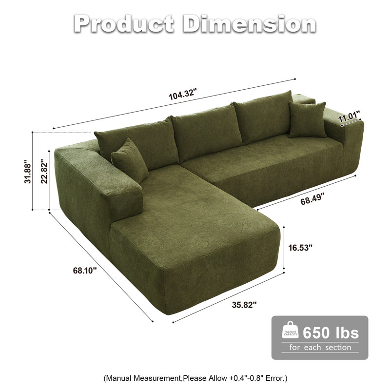 Canapé-lit 2 pièces avec coussin Kessas, Orienté vers la gauche, Molleton vert Sherpa