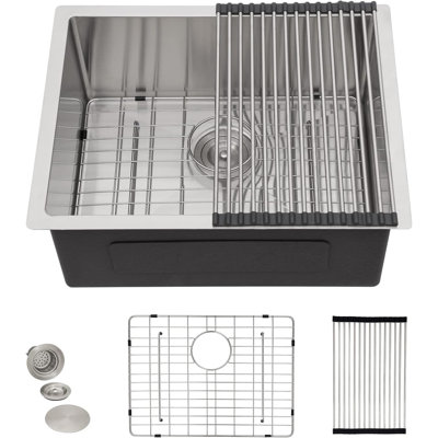 KDK HOME 23" Undermount Kitchen Sink Single Bowl Stainless Steel Bar Sink with Grid & Roll Up Rack