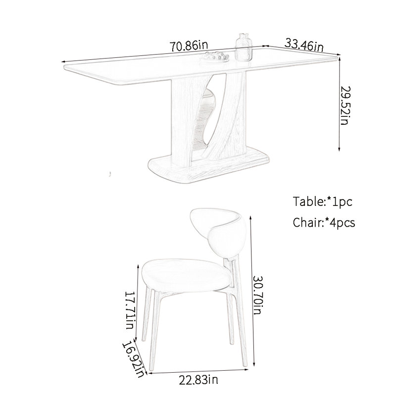 Ensemble de table de salle à manger moderne et minimaliste, 5 pièces: table, 4 chaises, H 29,52 po x l 70,86 po x P 33,46 po