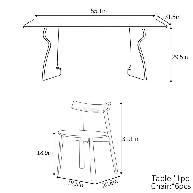 Ensemble de table de salle à manger minimaliste de luxe French Light, H 29,5 po x L 55,1 po x l 31,5 po