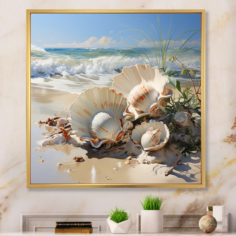 Beige palourde océan Whispers II - imprimé, H 36 po x l 36 po x P 1,5 po, Cadre flottant doré
