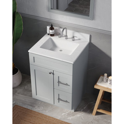 Meuble-lavabo simple 24 po en bois massif avec comptoir en quartz de Carrare