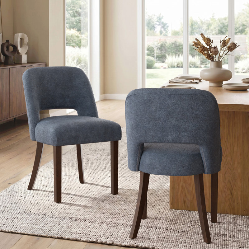 Modern Chenille Upholstered Dining Chair with Solid Wood Legs, Mid-Century Dining Side Chair for Kitchen & Dining Room, Blue