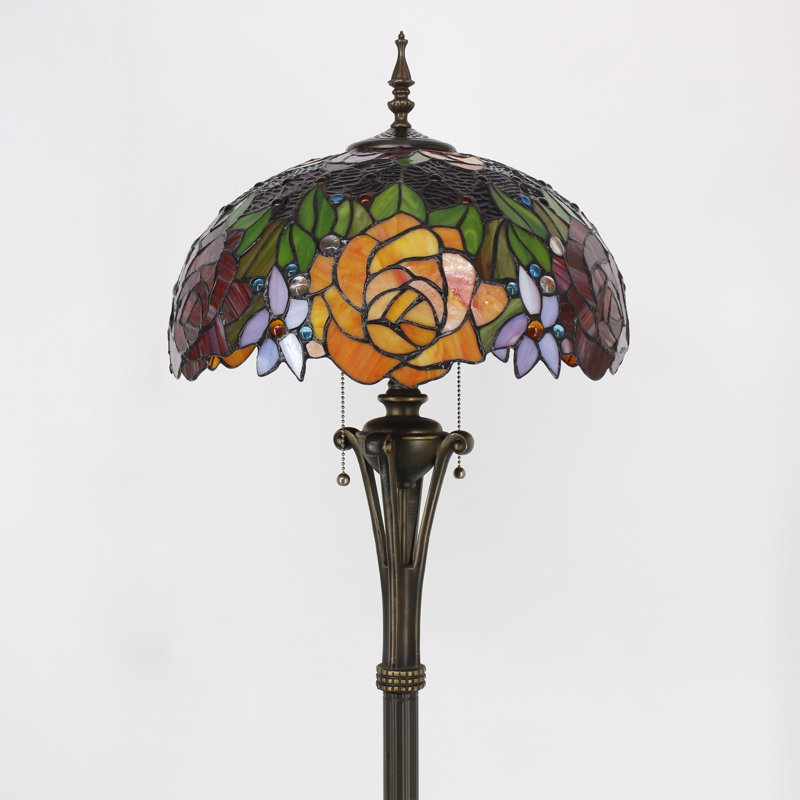Tiffany Floor Lamp Red Yellow Rose Stained Glass Standing Reading Light 16X16X70 Inches Antique Pole Corner Lamp Decor Bedroom Office Living Room