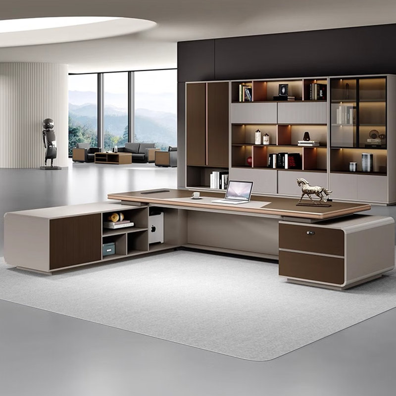 Bureau de direction en L gris et doré, 2 tiroirs avec verrouillage par mot de passe, H 29,53 po x l 125,98 po x P 62,99 po