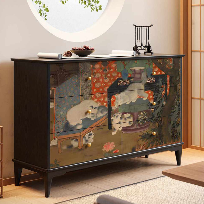 Solid Wood Drawer Cabinet with Playful Cat, Black