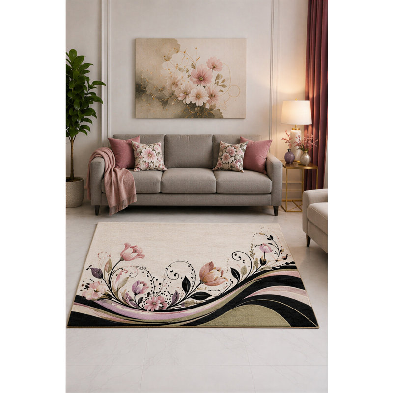Tapis « ultra léger » 152 x 213 cm (5 pi x 7 pi) à motif tulipes roses et noires, idéal pour le salon, la chambre et le bureau à domicile. Moquette douce à poils courts avec envers antidérapant en silicone.