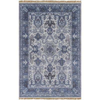 Zeus Hand Knotted Oriental Area Rug in Navy/Light Gray/Ivory