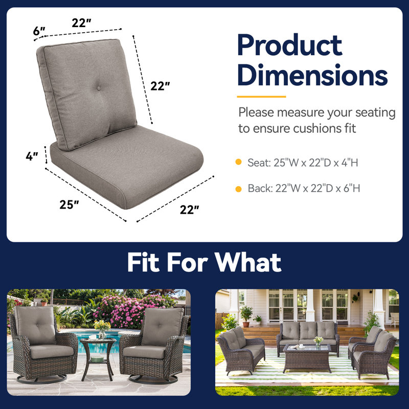 Allo 22"W x 25"D Outdoor Furniture Replacement Seat/Back Cushions, Gray, 2