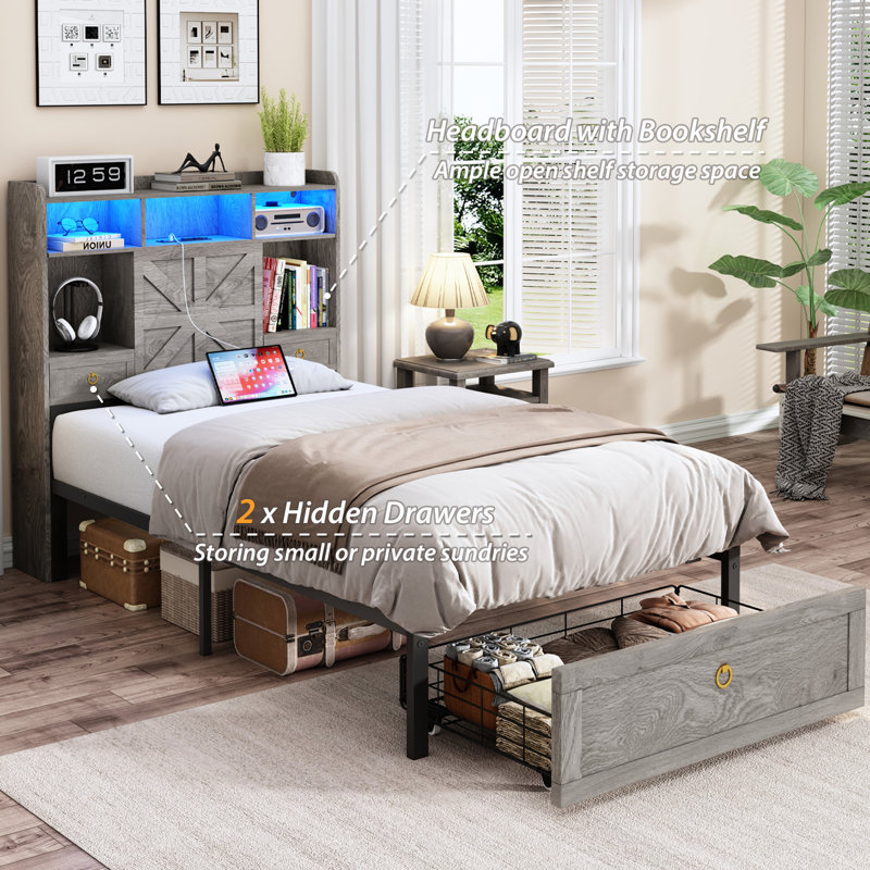 Twin Size Storage Bed with Extra Lager Footboard Drawers and Storage Headboard, USB&AC Charging Station, APP & Remote RGB Lights, Farmhouse Industrial Platform Bed, Noise-Free, No Box Spring Needed