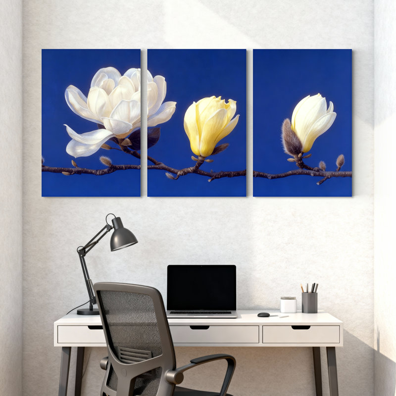 Magnolia blanc, jaune et jaune sur fond bleu, ensemble de 3 impressions sur toile, H 18 po x l 36 po