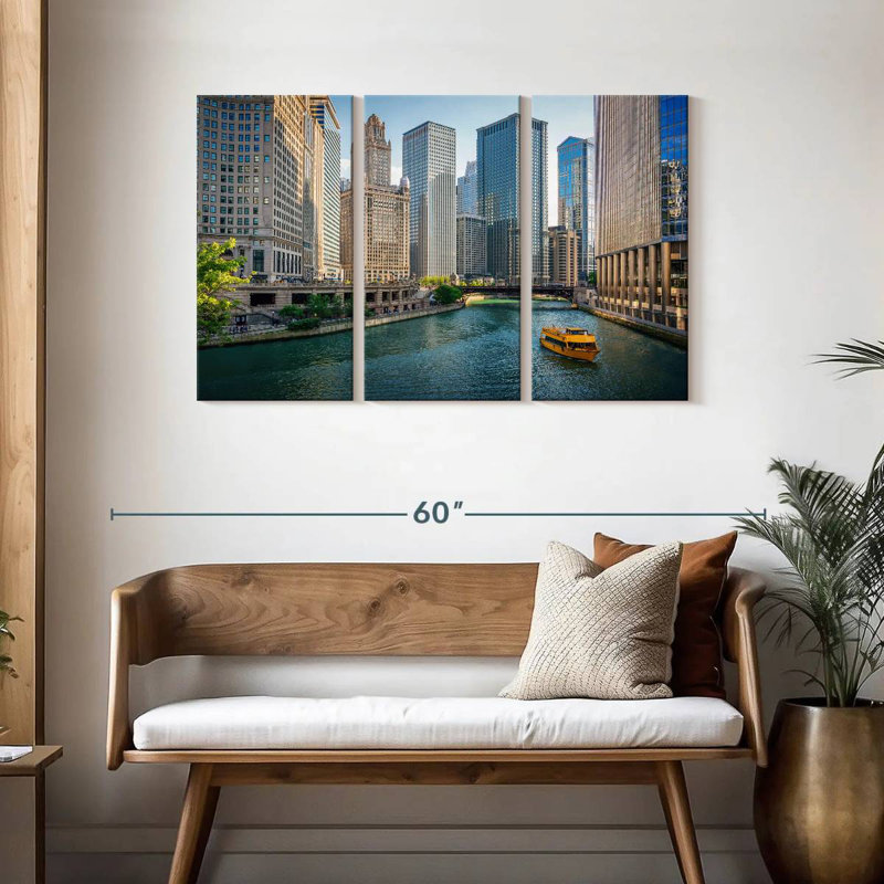 Bateau sur la rivière Sireci, Chicago, H 28 po x l 45 po