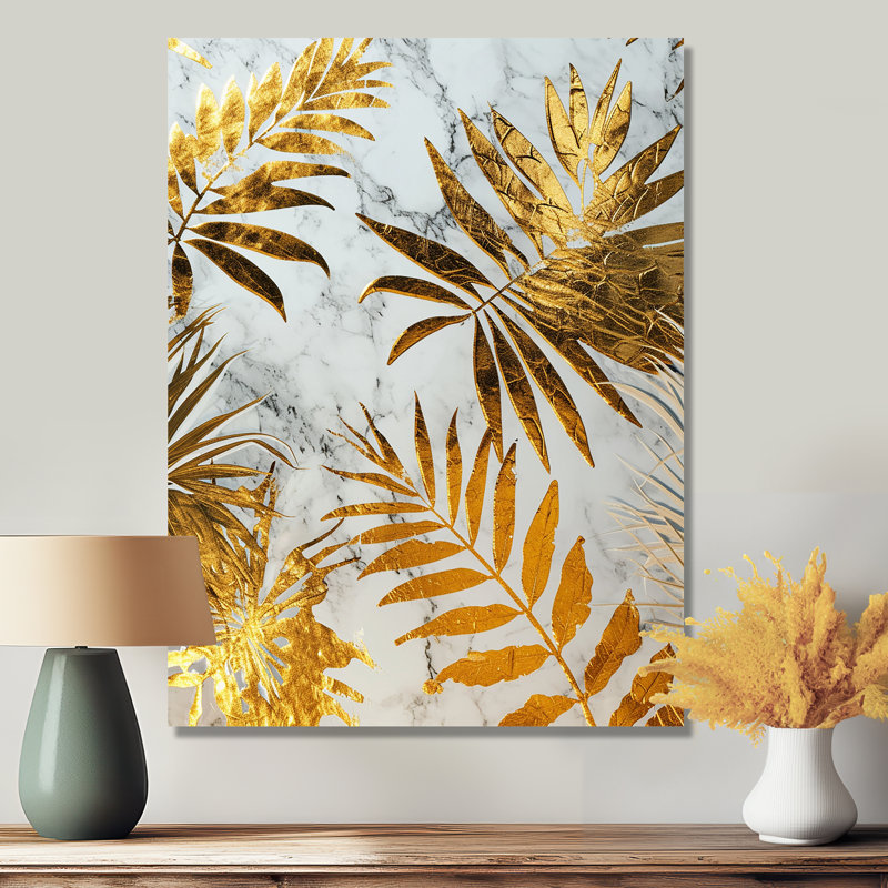 Glam Botanical On White - feuilles, art mural, salon, Métal métal, H 20 po x l 12 po x P 1 po