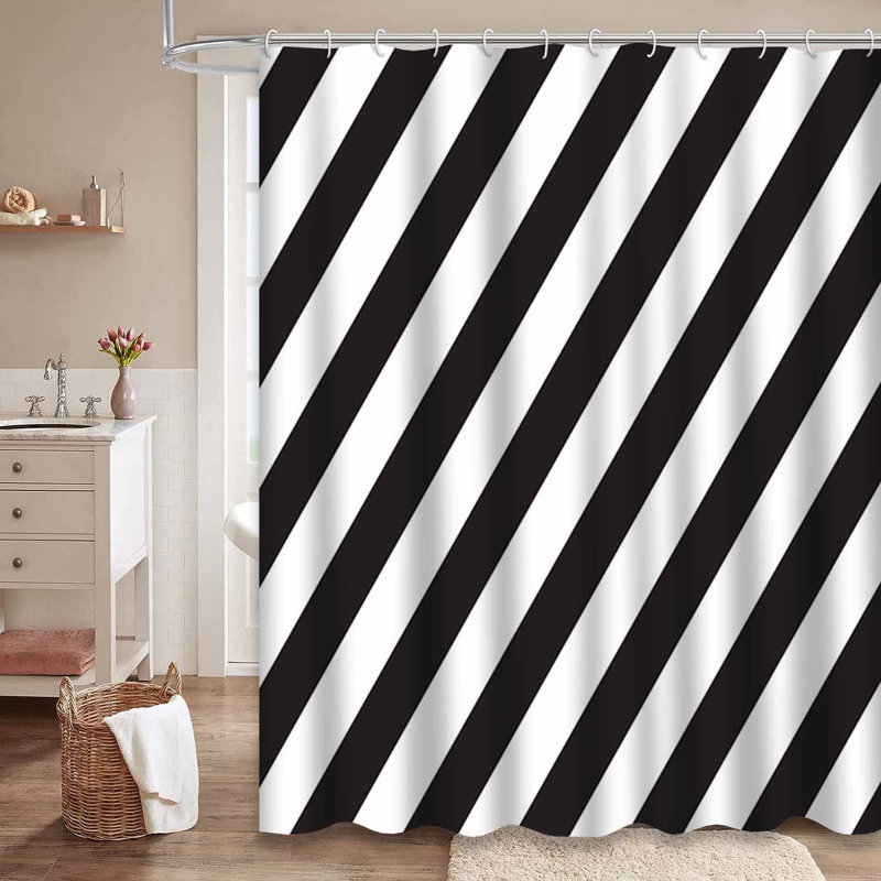 Rideau de douche à rayures noires style abstrait avec 12 crochets, L 72 po x l 84 po