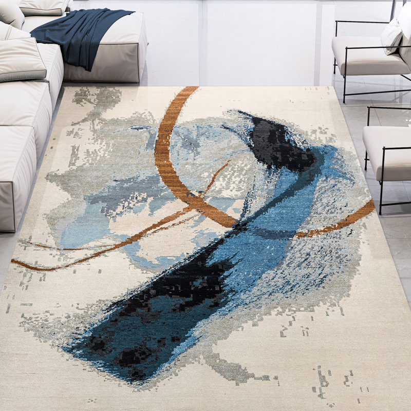 Handmade Silk and Wool Abstract Area Rug, Rectangle 6' x 9'