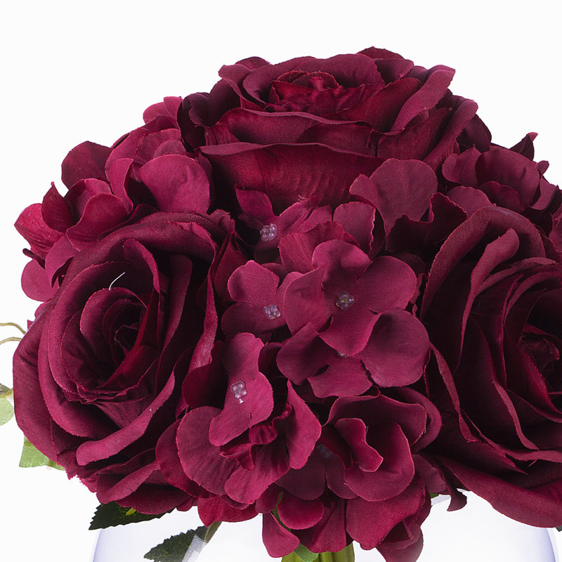 Burgundy Silk Hydrangea and Rose Arrangement in White Glass Vase