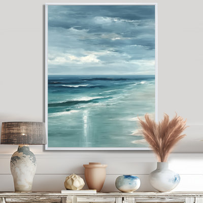 Vagues côtières dans des tons bleus et blancs - reproduction sur toile côtière, art mural blanc côtier