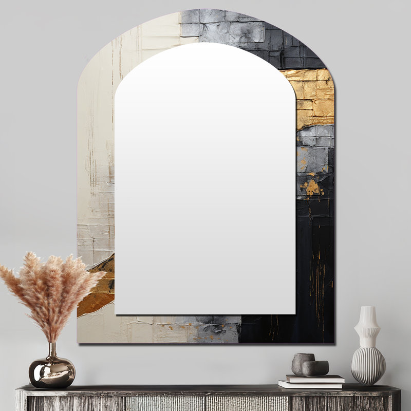 Gray Gold Minimalism Poteries - Abstract Spirals Asymmetrical Mirror, Grey Arch Unique Wall Mirror, Printed Metal Art