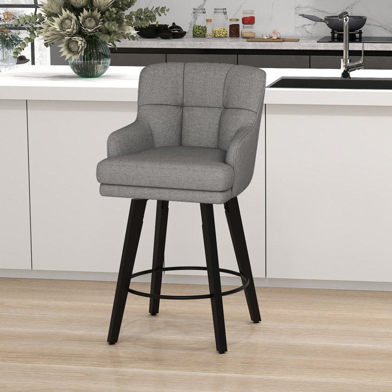 26''H Upholstered 360°Swivel Counter Height Bar Stools, Wood Legs Kitchen Island Chairs, 3, Mid Gray Seat/ Black Frame