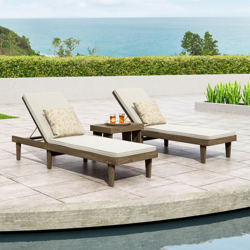 Morell Outdoor Acacia Wood Chaise Lounge Set with Table , Cushion Included, Cream, Gray