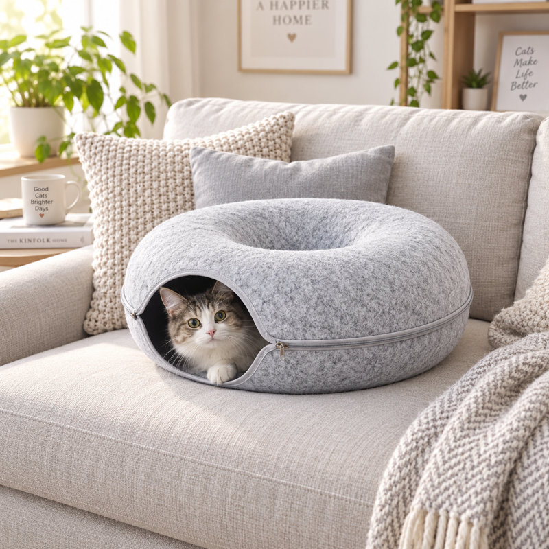 Grand lit tunnel pour chats d'intérieur, Gris