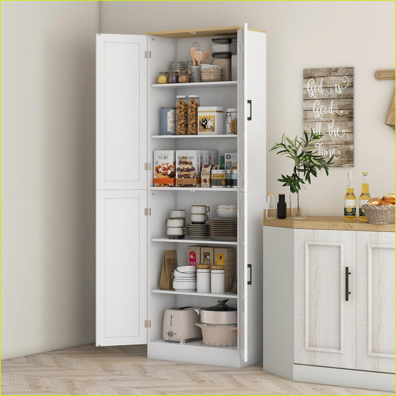 Armoire de cuisine, autoportante 67 po à 4 portes avec tablettes réglables, blanc vieilli | Panneau de particules