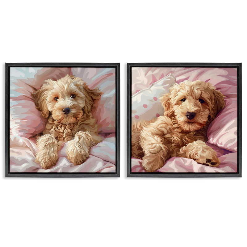  «Cuddling Labradoodle in Bed», ensemble de 2 toiles flottantes encadrées par Jim Baldwin, Cadre flottant noir de jais