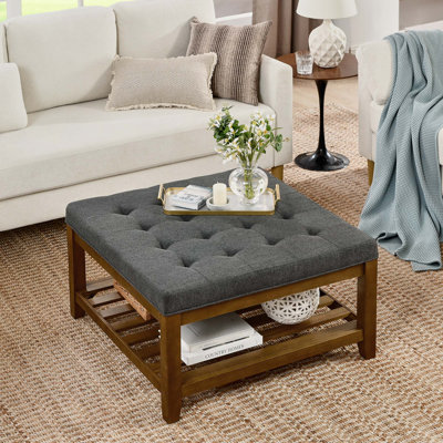 Upholstered Coffee Table Tufted Linen Large Square Ottoman with Beech Wood Shelf