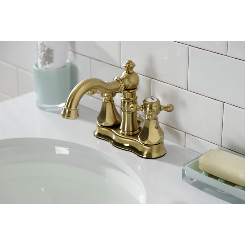 Kingston Brass Metropolitan Two-Handle 3-Hole Deck Mount 4" Centerset Bathroom Faucet with Pop-Up Drain, Brushed Brass