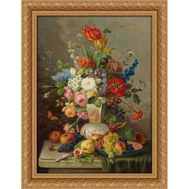 GroÃŸes BlumenstÃ¼ck mit Obst auf Steinplatte
