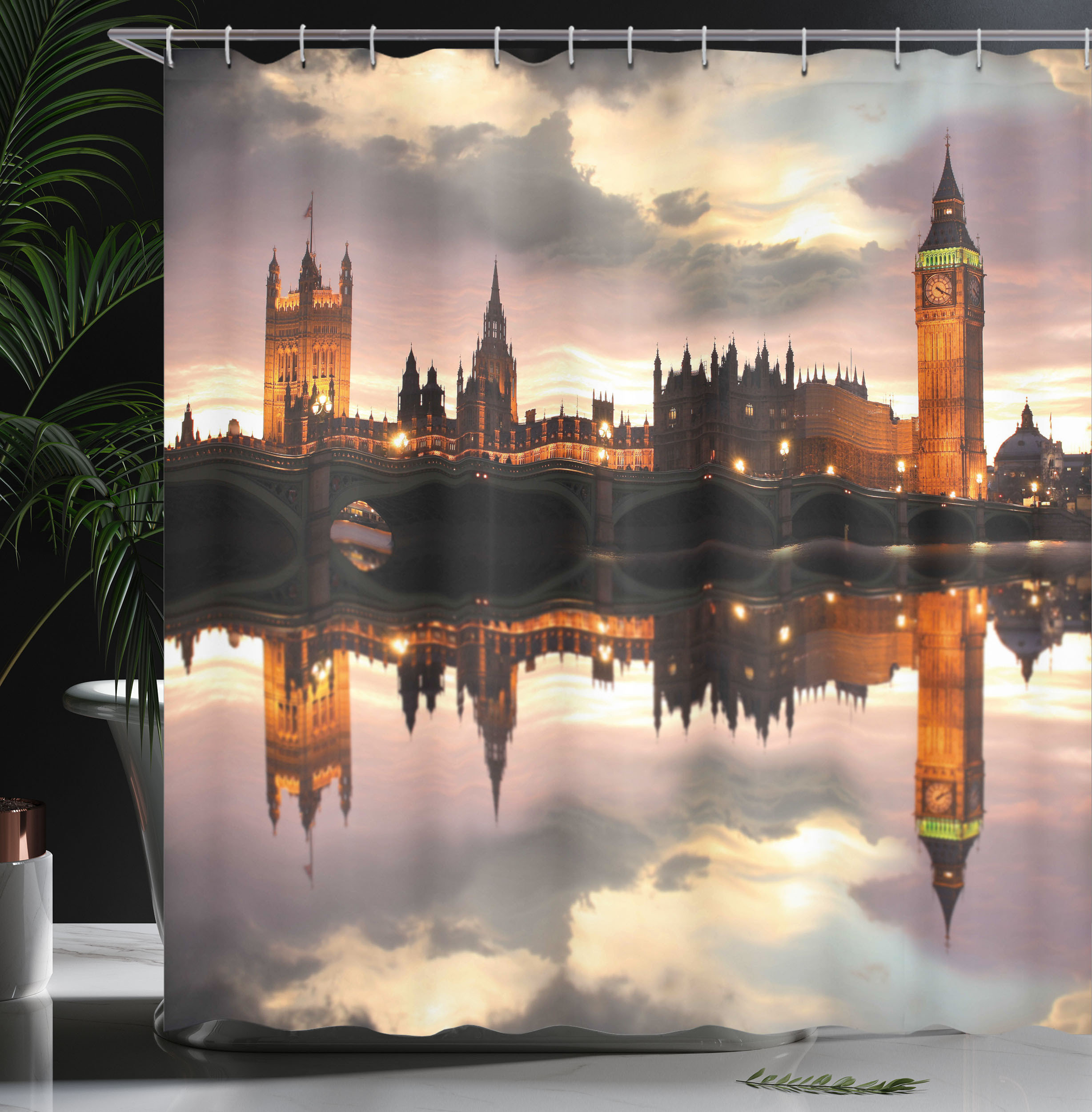 Ambesonne Urban Shower Curtain Surreal Evening Big Ben Cinnamon Grey ...