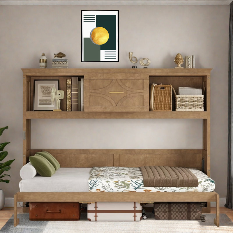 Lit escamotable avec station de charge, 2 armoires de rangement et 1 tiroir, Bois