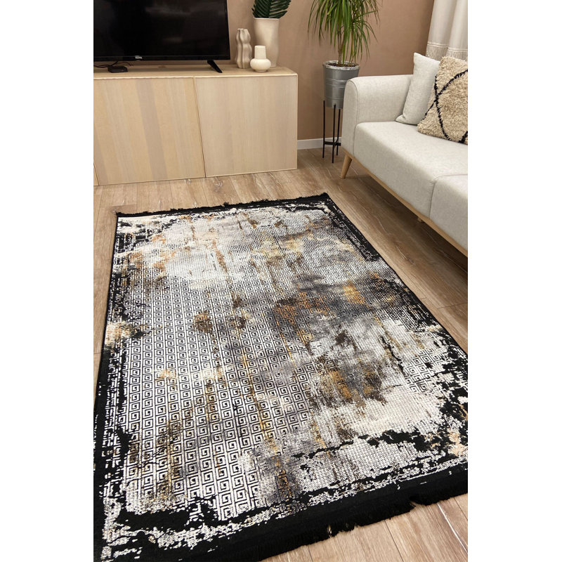 Tapis noir à motif blanc, Rectangle 3 pi 3 po x 4 pi 11 po