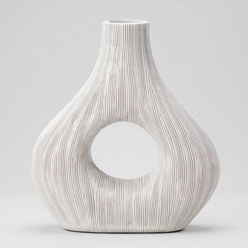 Elara 9" Textured Sculptural Donut Vase (White), 9 inch Donut Vase, White