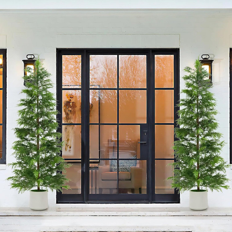 2 arbres topiaires en cèdre artificiel en pot, faux feuillage persistant résistant aux rayons UV pour la décoration intérieure / extérieure