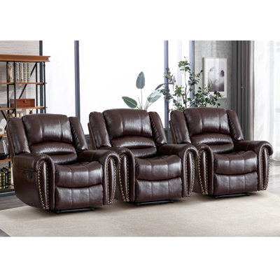 40.9'' Wide Classic Luxury and Oversize Top Faux Leather Manual Standard Recliner with Nailhead Trim (Set of 3)