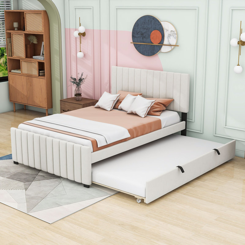 Arden Full Size Velvet Upholstered Platform Bed with Twin Trundle, Beige