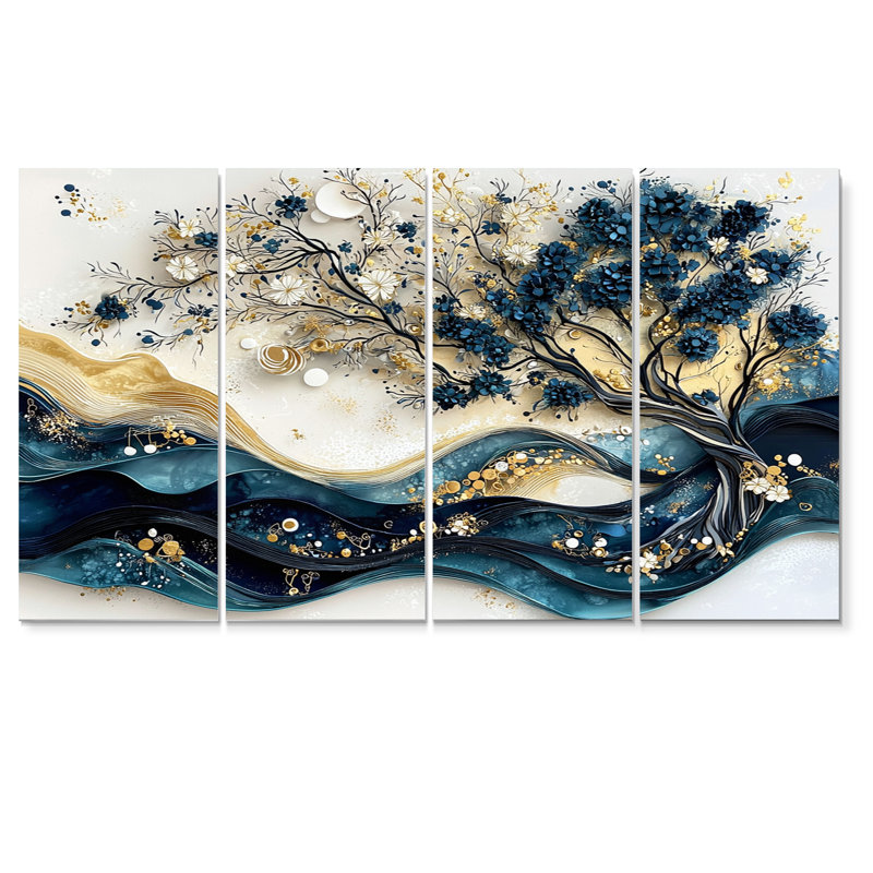 Bleu et blanc, arbre moderne en fleurs III - ensemble d'art mural cerisier en fleurs, H 28 po x l 48 po