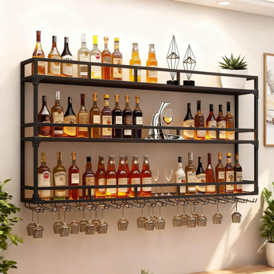 Support à vin mural, support à verres à liqueur flottant industriel 3 niveaux, grand support de présentation en métal pour bouteilles de vin, pour bar décoratif de salle à manger (noir, 70,86 x 35,43 x 9,84 po)