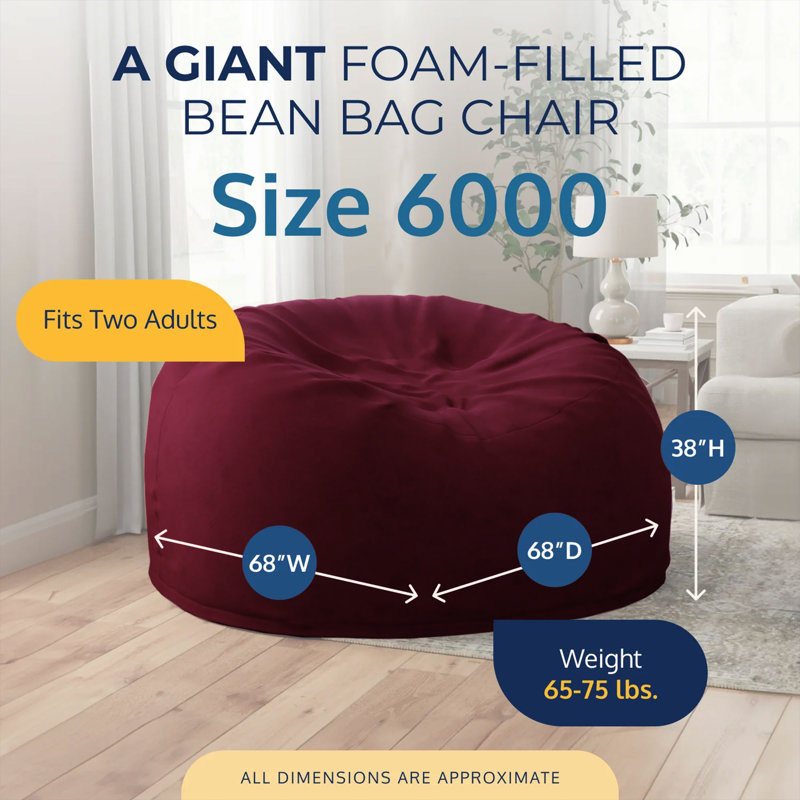 5ft Bean Bag Chair and Footstool, Oversized Lounger, Suede, 38" H x 68" W x 68" D, Burgundy Suede