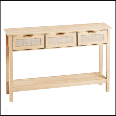 Rattan Console Table With 3 Storage Drawers, Natural Rattan Sliding Door, Perfect For Living Room And Entryway
