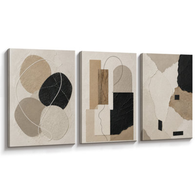 Collage organique beige neutre abstrait, noir et bois, tableau de bureau, impression giclée sur toile encadrée, ensemble de 3 pièces - 3 pièces