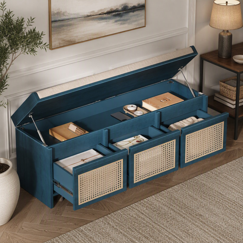 Banc de rangement rétro de 122 cm avec tiroirs en rotin et coussin capitonné, Bleu marine antique / patchwork