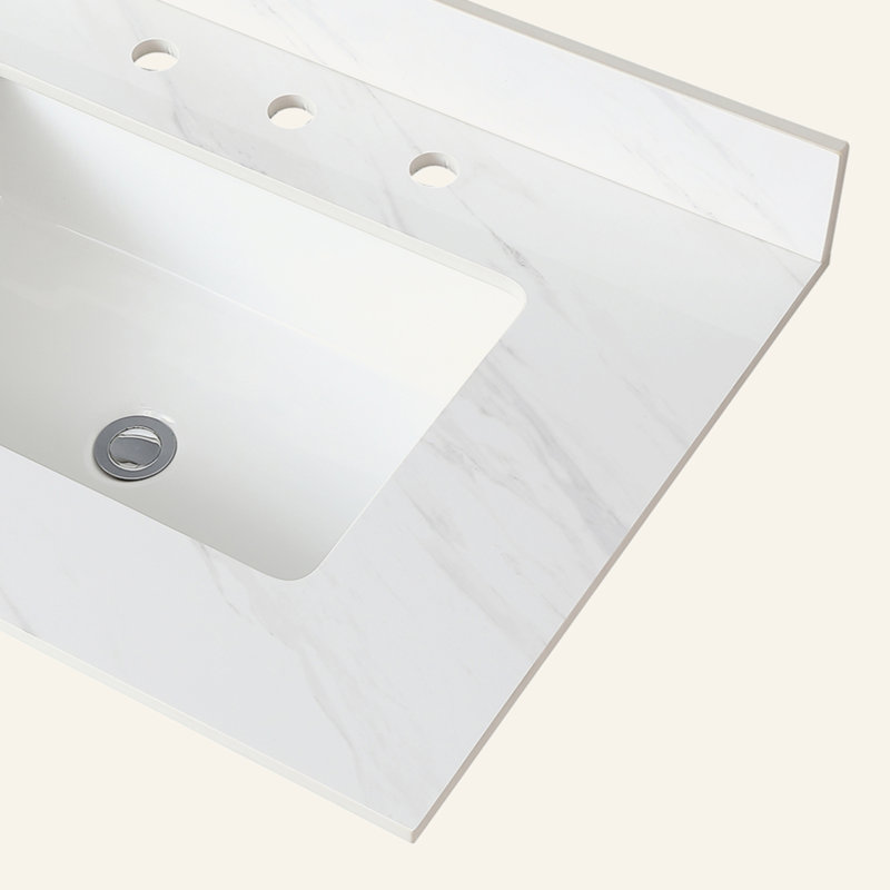 Comptoir de meuble-lavabo en marbre 31 po, comptoir blanc avec trous de robinet pré-percés, comptoir de salle de bain avec lavabo central rectangulaire encastré et dosseret de 4 po de hauteur, Bianco Carrara Venato