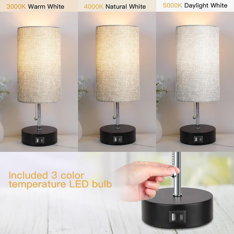 3-Color Temperature Table Lamp with USB A Port and C Port, Gray