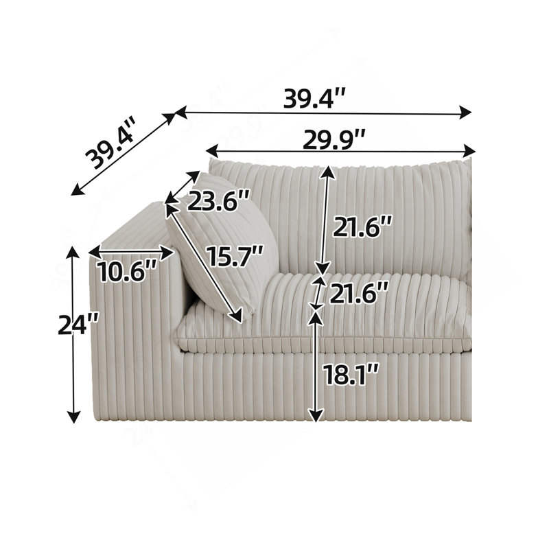Cloud Sofa,Corduroy Fabric,Deep Seat Couches,Double-Layer Design,Removable  Cushion,No Assembly, DIY Combination For Living Room, Bedroom,Conference Room ,Apartment,White