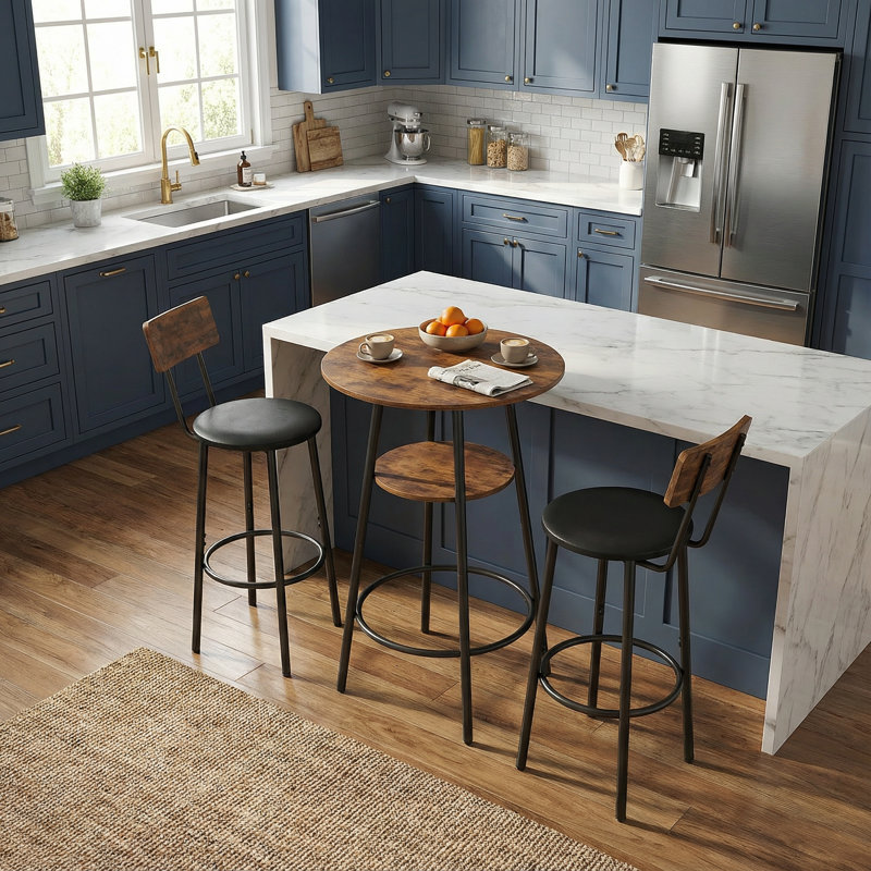 Ensemble de table de bar et de chaises 3 pièces avec rangement à 2 niveaux et 2 tabourets rembourrés en polyuréthane brun rustique pour la cuisine, la salle à manger ou le café