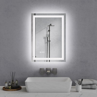 20 po. X 28 po. Miroir de salle de bain à DEL avant et rétroéclairé avec antibuée, 3 températures de couleur, gradation continue, mémoire, verre trempé et étanche IP44