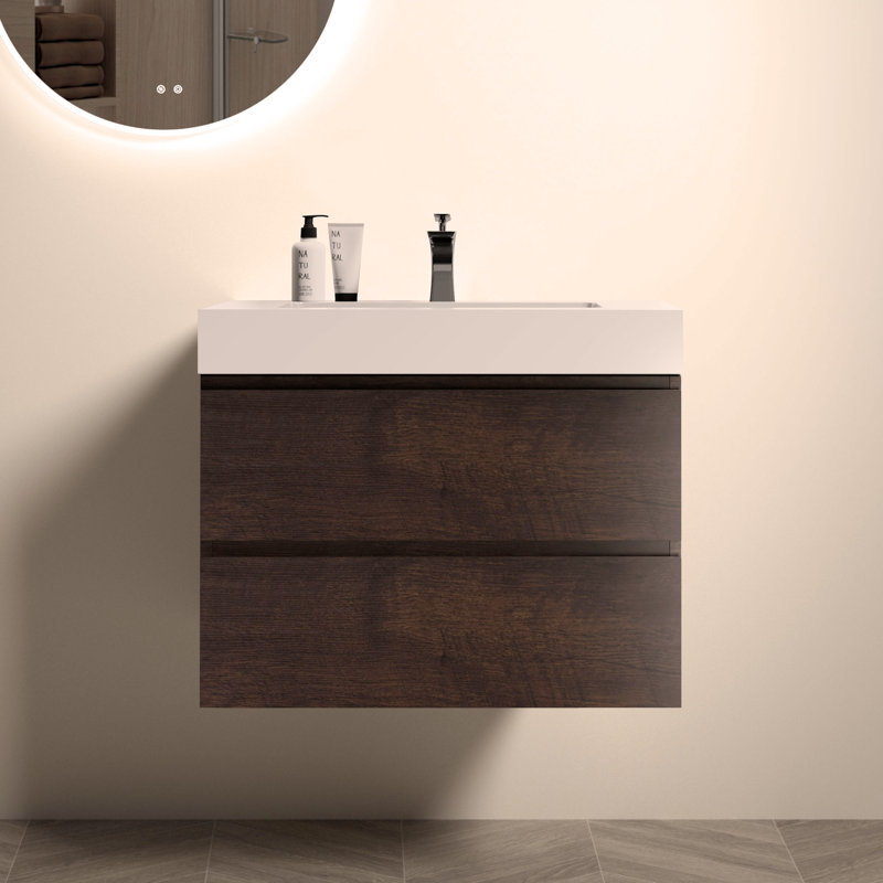 Meuble-lavabo mural 30 po en noyer avec lavabo, grand meuble-lavabo flottant mural pour salle de bain, Blanc