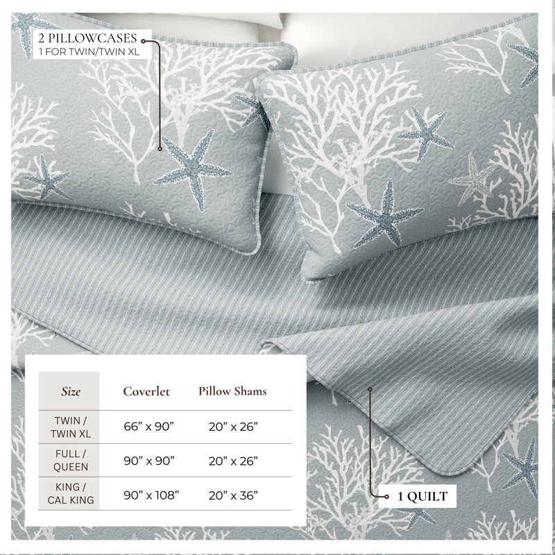 Coral / Starfish Reversible Coastal Quilt Set with Shams, Twin/Twin XL Quilt + 1 Sham, Pearl Blue